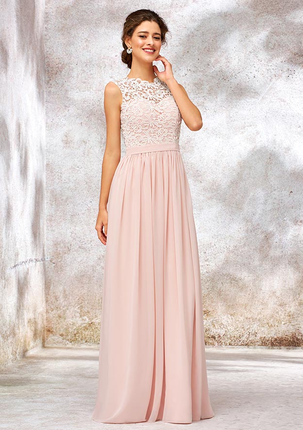 Floor-Length Chiffon Sexy Bridesmaid Dress, A-Line/Princess Cut, Scoop Neck, Sleeveless, With Lace BM bride