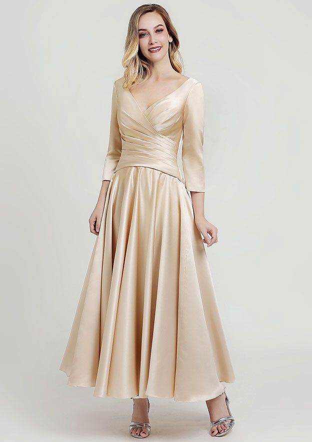 Ankle-Length Satin Mother of the Bride Dress with Pleated, 3/4 Sleeve V Neck A-line BM bride