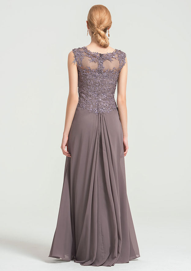 Floor-Length Chiffon Dress, Sheath/Column Shape, Scoop Neck, Sleeveless, With Pleats, Beading, And Appliqued BM bride