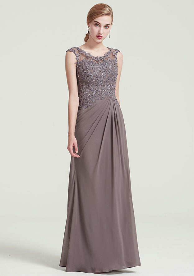 Floor-Length Chiffon Dress, Sheath/Column Shape, Scoop Neck, Sleeveless, With Pleats, Beading, And Appliqued BM bride