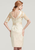 Knee-Length Satin Mother of the Bride Dress with Pleated Appliqued Lace, Short Sleeve Cowl Neck Sheath/Column BM bride