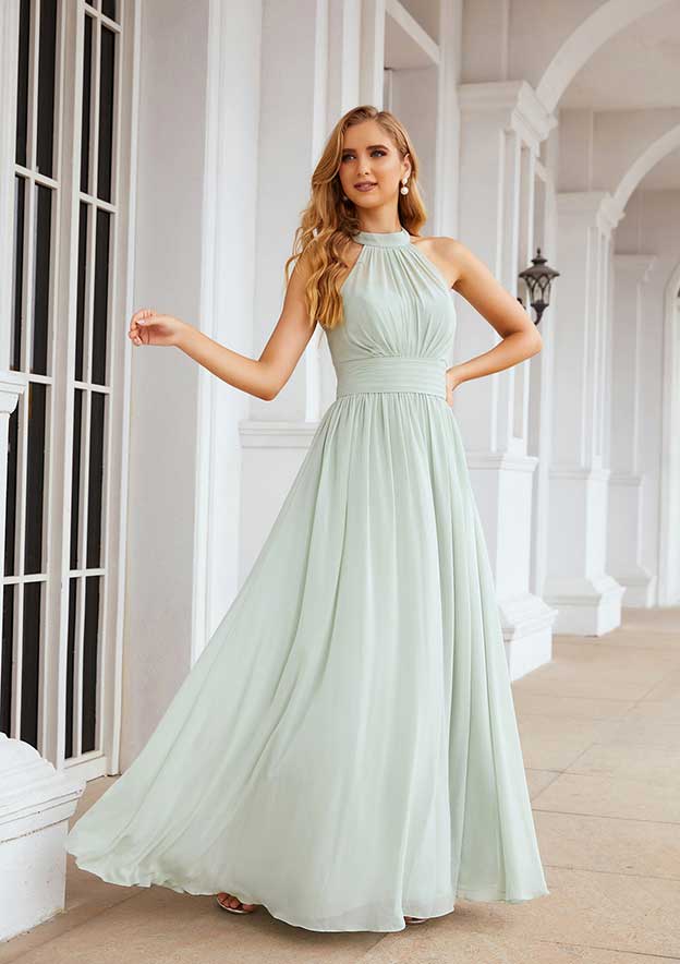 A-Line High-Neck Floor-Length Sleeveless Chiffon Bridesmaid Dress With Pleats