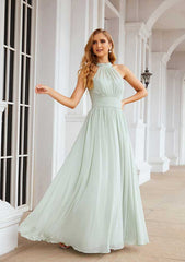 A-Line High-Neck Floor-Length Sleeveless Chiffon Bridesmaid Dress With Pleats