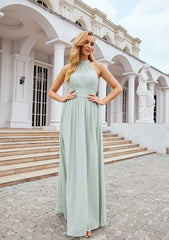 A-Line High-Neck Floor-Length Sleeveless Chiffon Bridesmaid Dress With Pleats