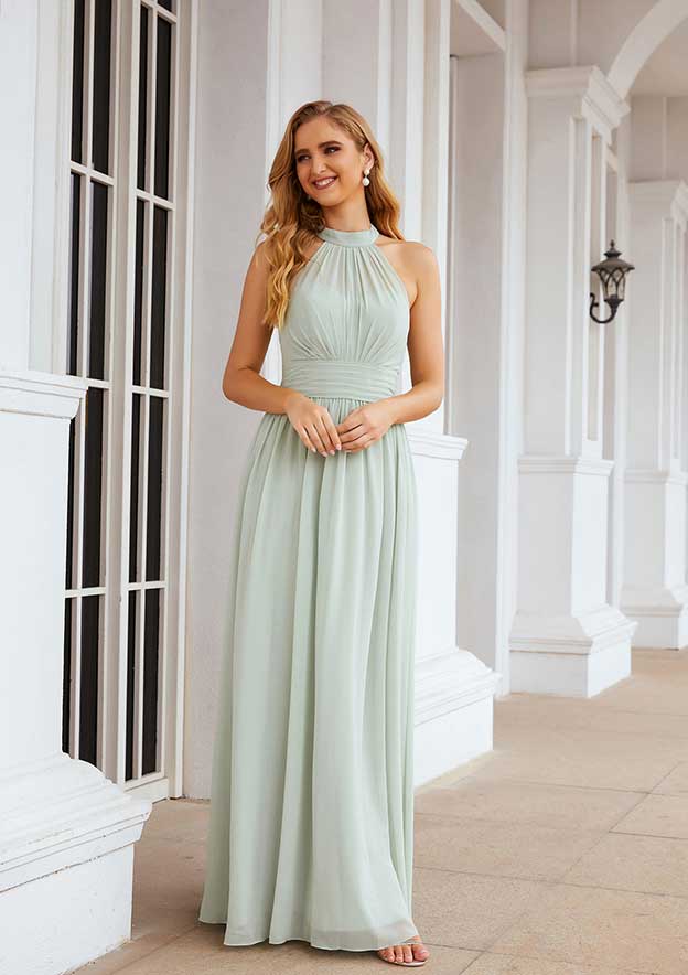 A-Line High-Neck Floor-Length Sleeveless Chiffon Bridesmaid Dress With Pleats