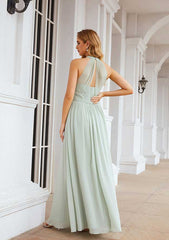 A-Line High-Neck Floor-Length Sleeveless Chiffon Bridesmaid Dress With Pleats