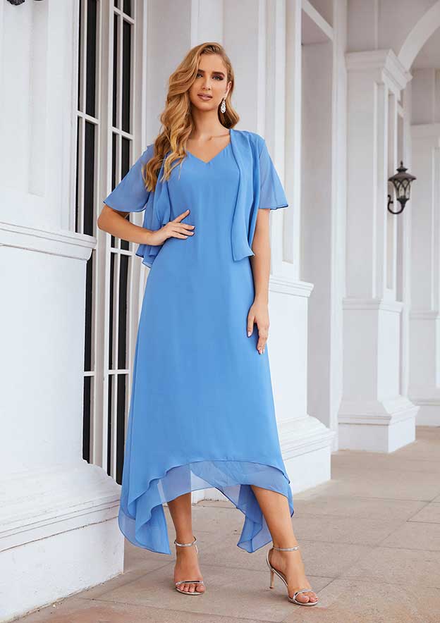 Asymmetrical Chiffon Mother of the Bride Dress with Jacket, Sleeveless V Neck A-line BM bride