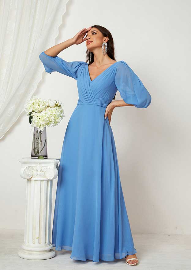 A-line V Neck Long/Floor-Length Chiffon Mother of the Bride Dress with Pleated, Half Sleeve BM bride