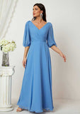 A-line V Neck Long/Floor-Length Chiffon Mother of the Bride Dress with Pleated, Half Sleeve BM bride