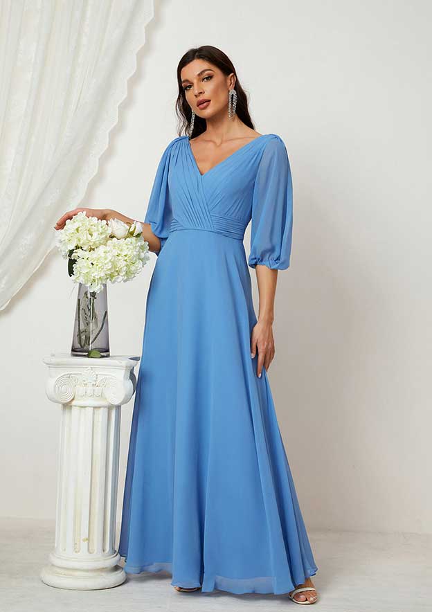 A-line V Neck Long/Floor-Length Chiffon Mother of the Bride Dress with Pleated, Half Sleeve BM bride