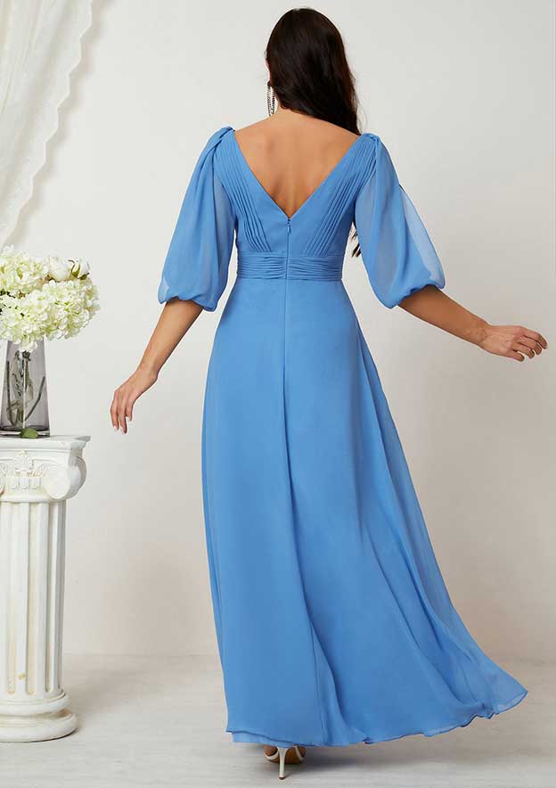 A-line V Neck Long/Floor-Length Chiffon Mother of the Bride Dress with Pleated, Half Sleeve BM bride