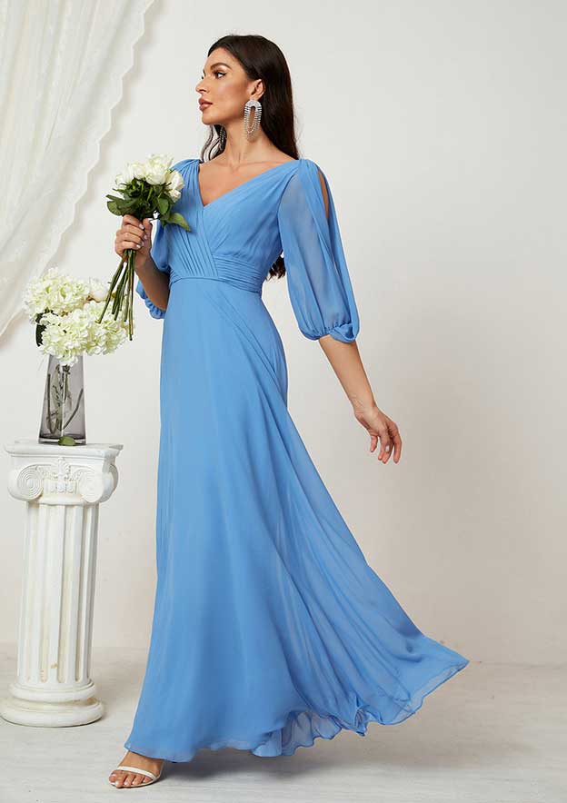 A-line V Neck Long/Floor-Length Chiffon Mother of the Bride Dress with Pleated, Half Sleeve BM bride