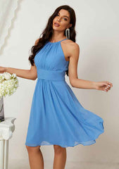 A-Line Halter Sleeveless Chiffon Bridesmaid Dress, Knee-Length With Pleats