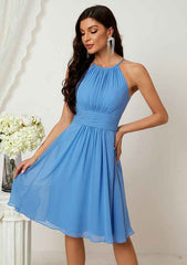 A-Line Halter Sleeveless Chiffon Bridesmaid Dress, Knee-Length With Pleats