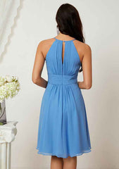 A-Line Halter Sleeveless Chiffon Bridesmaid Dress, Knee-Length With Pleats