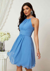 A-Line Halter Sleeveless Chiffon Bridesmaid Dress, Knee-Length With Pleats