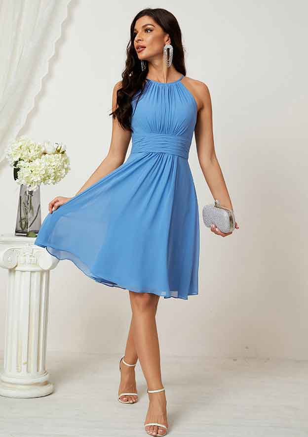 A-Line Halter Sleeveless Chiffon Bridesmaid Dress, Knee-Length With Pleats