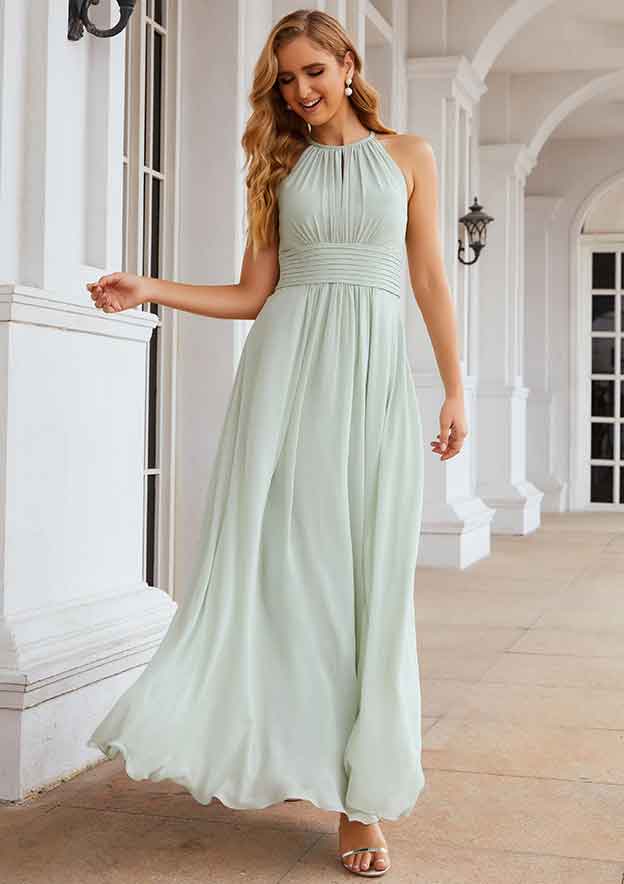 A-Line Halter Floor-Length Sleeveless Chiffon Bridesmaid Dress With Pleats