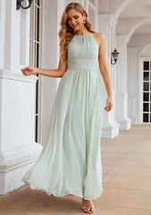 A-Line Halter Floor-Length Sleeveless Chiffon Bridesmaid Dress With Pleats