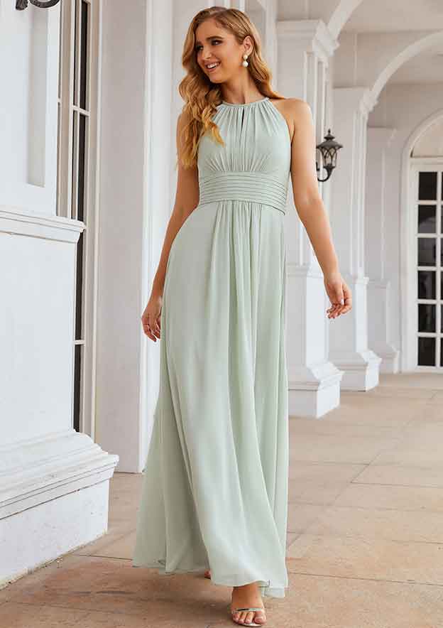 A-Line Halter Floor-Length Sleeveless Chiffon Bridesmaid Dress With Pleats