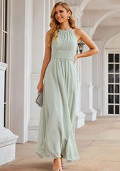 A-Line Halter Floor-Length Sleeveless Chiffon Bridesmaid Dress With Pleats