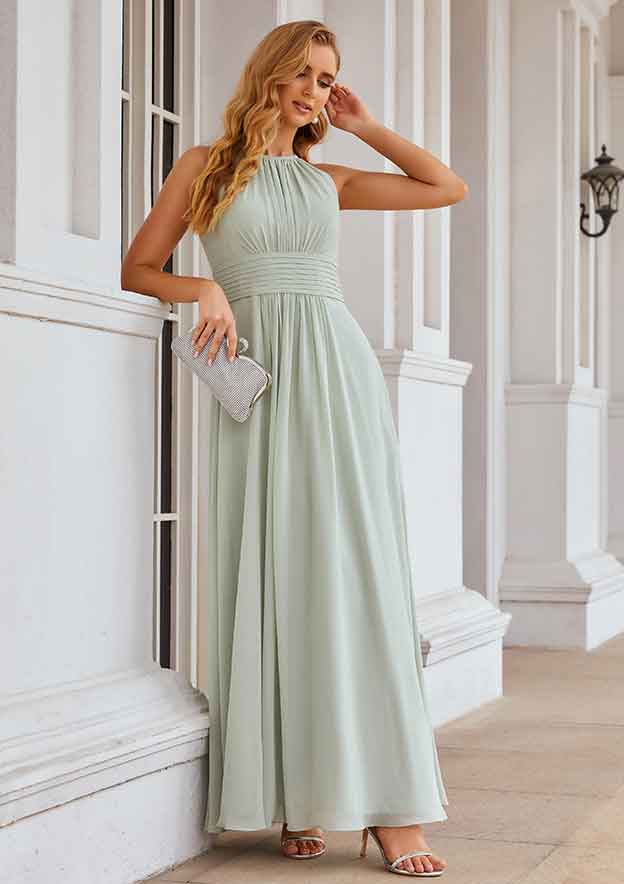 A-Line Halter Floor-Length Sleeveless Chiffon Bridesmaid Dress With Pleats