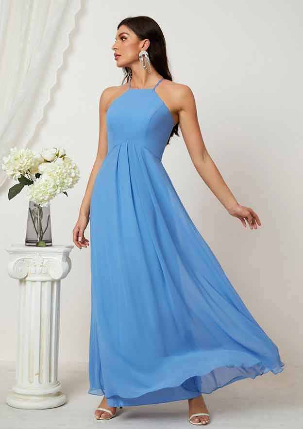 Long/Floor-Length Chiffon Bridesmaid Dress, A-Line Empire Halter Style, Sleeveless, With Ruffles BM bride