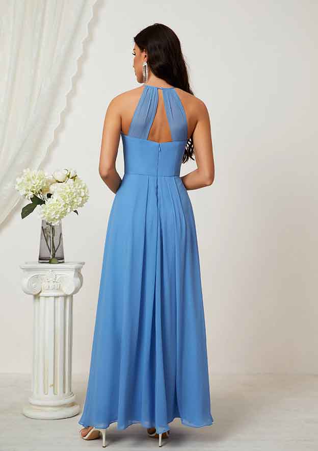 Long/Floor-Length Chiffon Bridesmaid Dress, A-Line Empire Halter Style, Sleeveless, With Ruffles BM bride