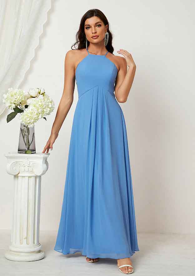 Long/Floor-Length Chiffon Bridesmaid Dress, A-Line Empire Halter Style, Sleeveless, With Ruffles BM bride