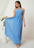 Long/Floor-Length Chiffon Bridesmaid Dress, A-Line Empire Halter Style, Sleeveless, With Ruffles BM bride