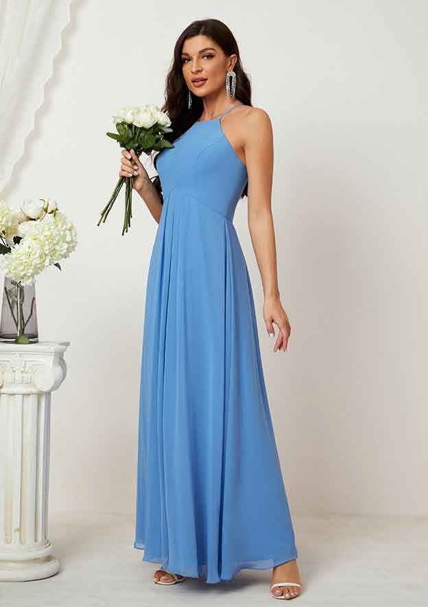 Long/Floor-Length Chiffon Bridesmaid Dress, A-Line Empire Halter Style, Sleeveless, With Ruffles BM bride