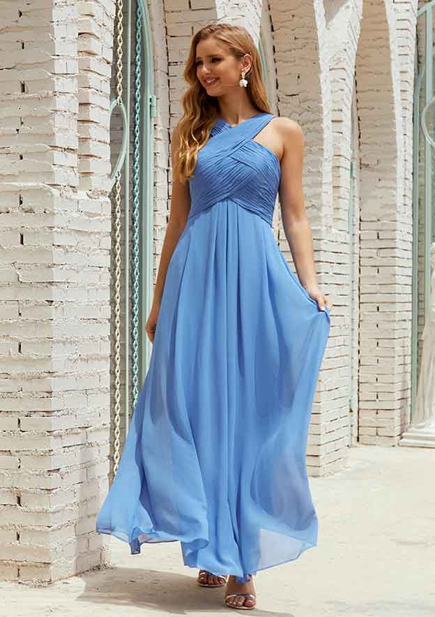 Bridesmaid Dress A-line Empire Halter Sleeveless Chiffon Long/Floor-Length with Pleated