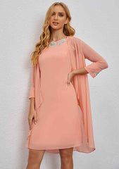 A-line Scoop Neck Chiffon Knee-Length Mother of the Bride Dress with Embroidery and Long Sleeves Jacket