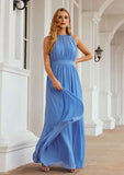 Long/Floor-Length Chiffon Bridesmaid Dress, A-Line Empire Halter Style, Sleeveless, With Pleated BM bride