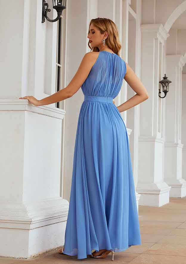 Long/Floor-Length Chiffon Bridesmaid Dress, A-Line Empire Halter Style, Sleeveless, With Pleated BM bride