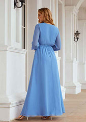 Long/Floor-Length Chiffon Mother Of The Bride Dress, A-Line Cut, V-Neck, Full/Long Sleeve, With Sashes And Split