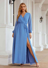 A-line V Neck Full/Long Sleeve Chiffon Long/Floor-Length Mother of the Bride Dress with Sashes Split