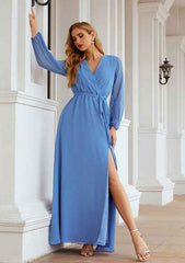 Long/Floor-Length Chiffon Mother Of The Bride Dress, A-Line Cut, V-Neck, Full/Long Sleeve, With Sashes And Split