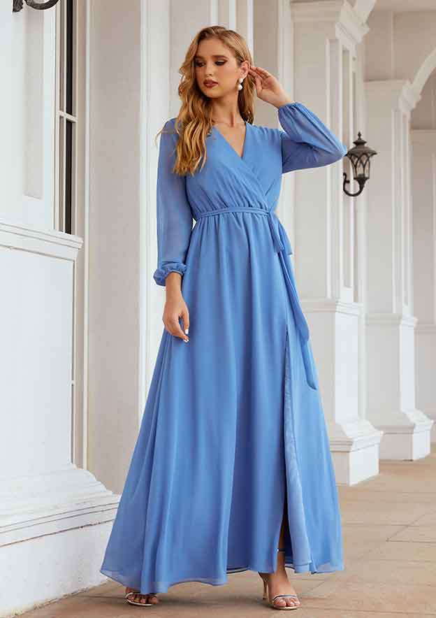 Long/Floor-Length Chiffon Mother Of The Bride Dress, A-Line Cut, V-Neck, Full/Long Sleeve, With Sashes And Split