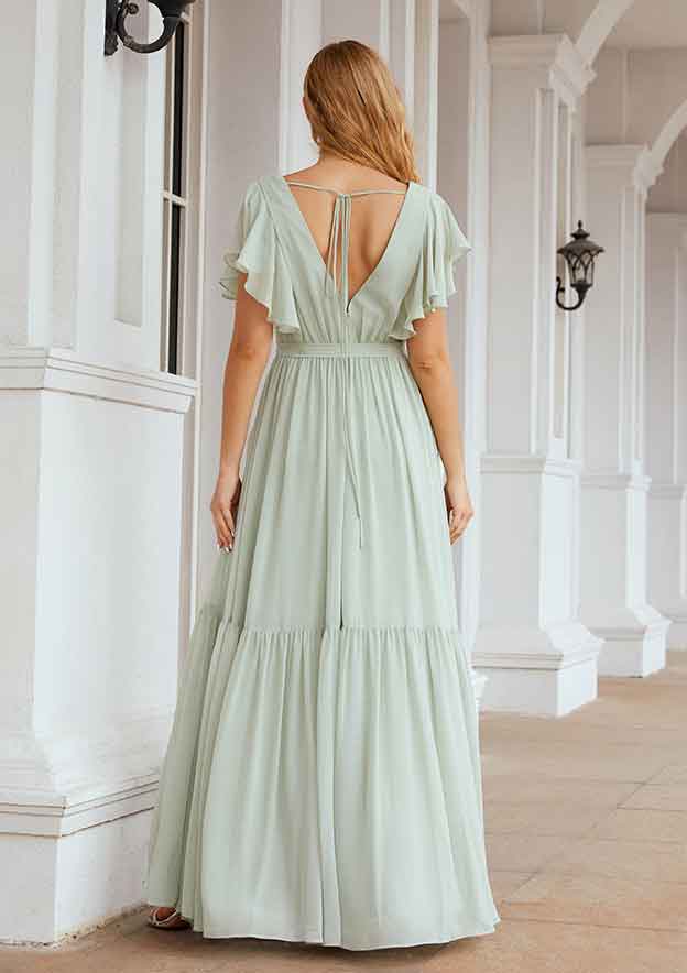 A-Line Floor-Length Short Sleeve Chiffon Bridesmaid Dress, V-Neck With Pleats