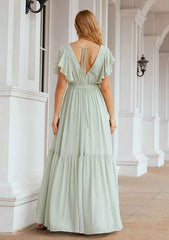 A-Line Floor-Length Short Sleeve Chiffon Bridesmaid Dress, V-Neck With Pleats