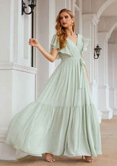 A-Line Floor-Length Short Sleeve Chiffon Bridesmaid Dress, V-Neck With Pleats