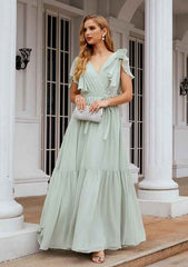 A-Line Floor-Length Short Sleeve Chiffon Bridesmaid Dress, V-Neck With Pleats