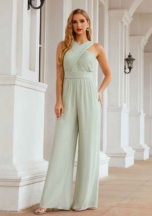 Long/Floor-Length Chiffon Wedding Party Dress, Jumpsuit/Pantsuit Style, Halter Neck, Sleeveless, With Pleated BM bride