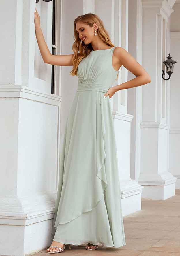 Long/Floor-Length Chiffon Bridesmaid Dress, A-Line Bateau Style, Sleeveless, With Ruffles And Pleated BM bride