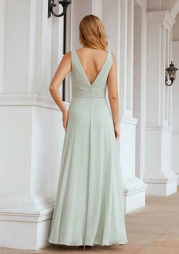 Long/Floor-Length Chiffon Bridesmaid Dress, A-Line Bateau Style, Sleeveless, With Ruffles And Pleated BM bride