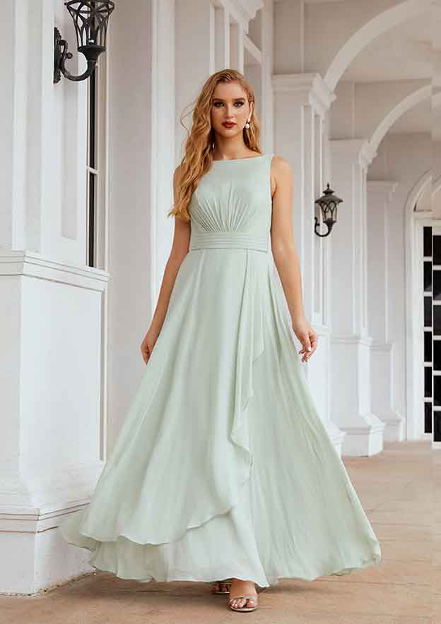 Long/Floor-Length Chiffon Bridesmaid Dress, A-Line Bateau Style, Sleeveless, With Ruffles And Pleated BM bride