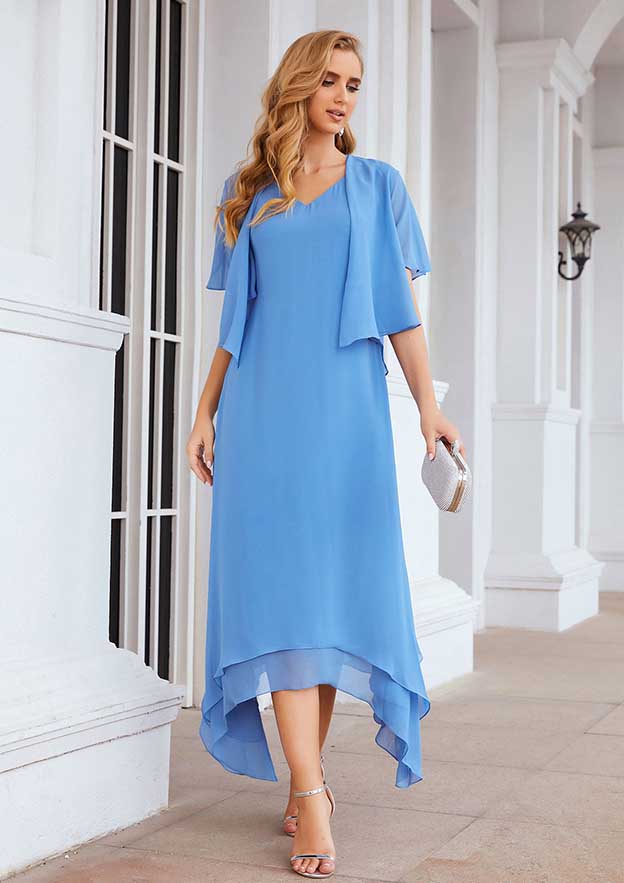 Asymmetrical Chiffon Mother of the Bride Dress with Jacket, Sleeveless V Neck A-line BM bride