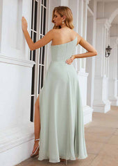 A-Line One-Shoulder Floor-Length Sleeveless Chiffon Bridesmaid Dress With Split