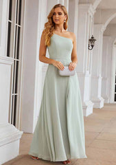 A-Line One-Shoulder Floor-Length Sleeveless Chiffon Bridesmaid Dress With Split